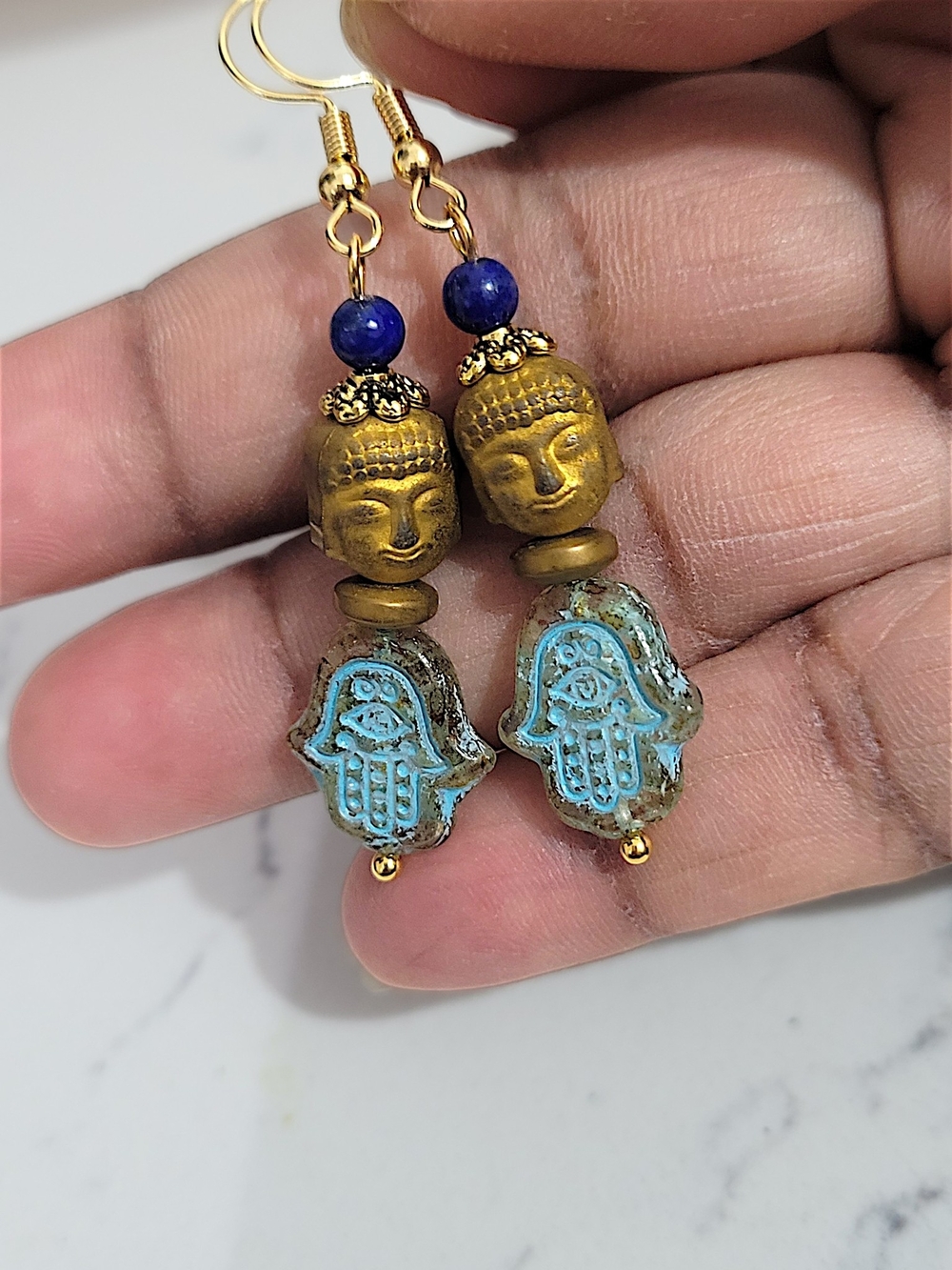 Hand Crafted Gold Buddha & Light Turquoise Hamsa Drop Earrings with Lapis Lazuli